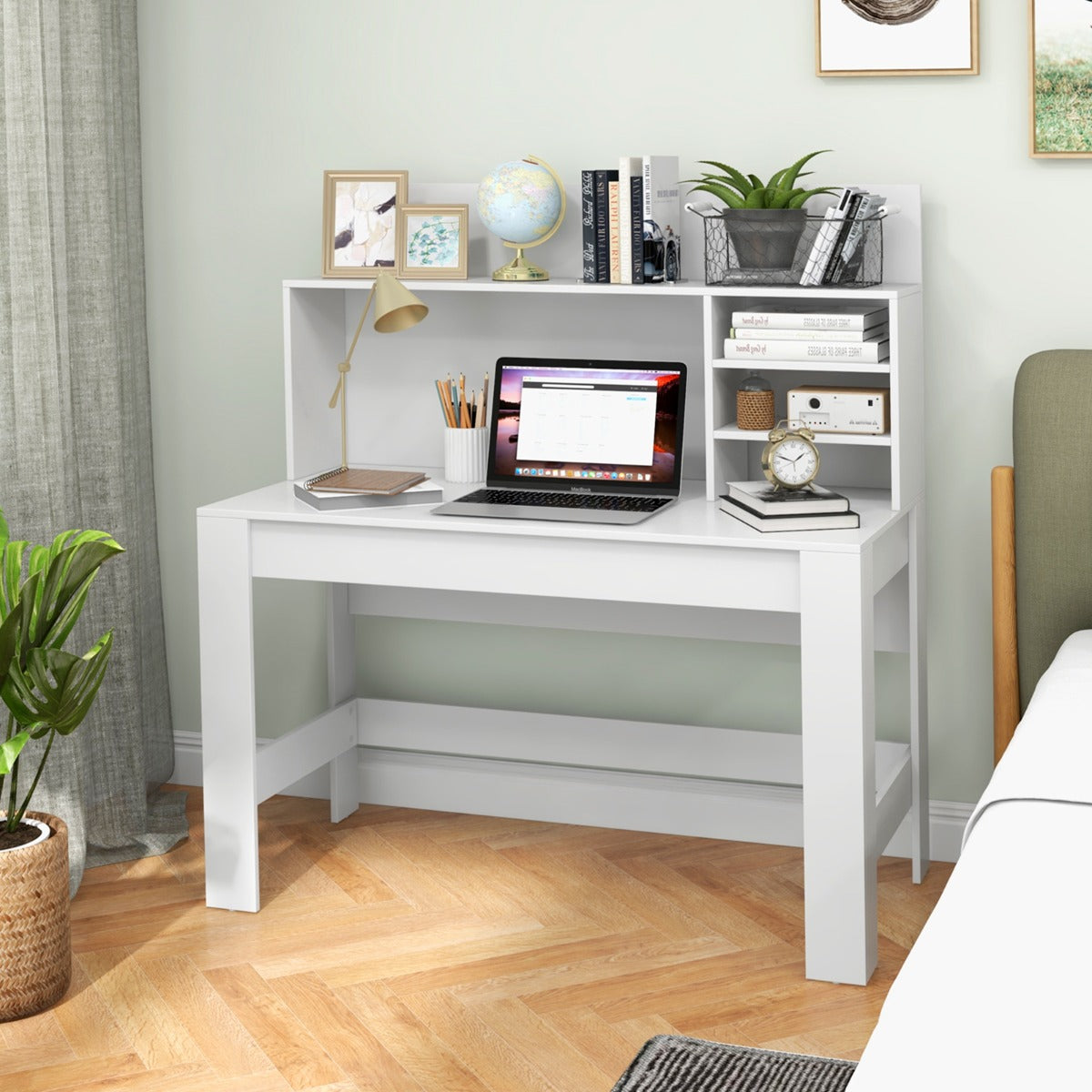 Escritório com Estante e Orifícios para Cabos Dispositivo Antivuelco Escritório de Computador para Casa e Escritório 120 x 54 x 129 cm Branco