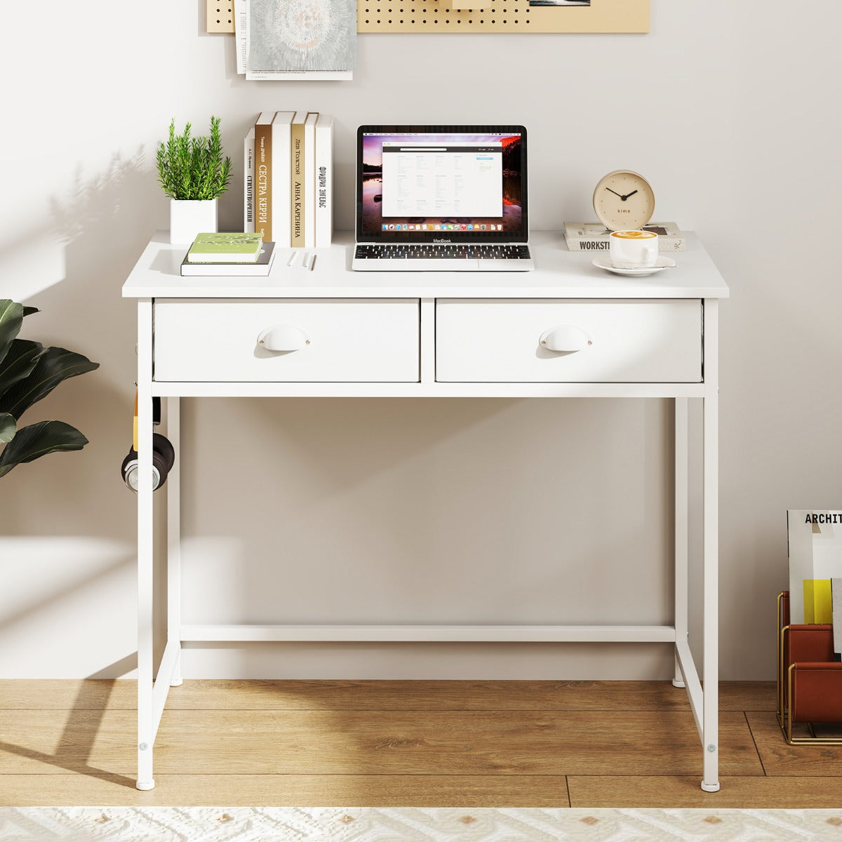 Escritório Compacto com 2 Gavetas de Tecido, 4 Ganchos Pendurados e Estrutura em Metal 90 x 45 x 75 cm Branco
