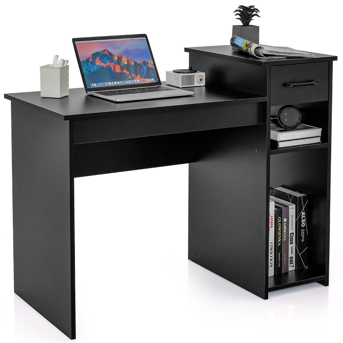 Escritório com Gaveta e Suporte para CPU Prateleira de Armazenamento de 2 Níveis Estação de Trabalho em Madeira para Escritório 102 x 50 x 82 cm Preto