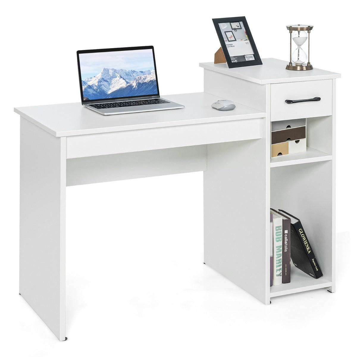 Escritório com Gaveta e Suporte para CPU Prateleira de Armazenamento de 2 Níveis Estação de Trabalho em Madeira para Escritório 102 x 50 x 82 cm Branco