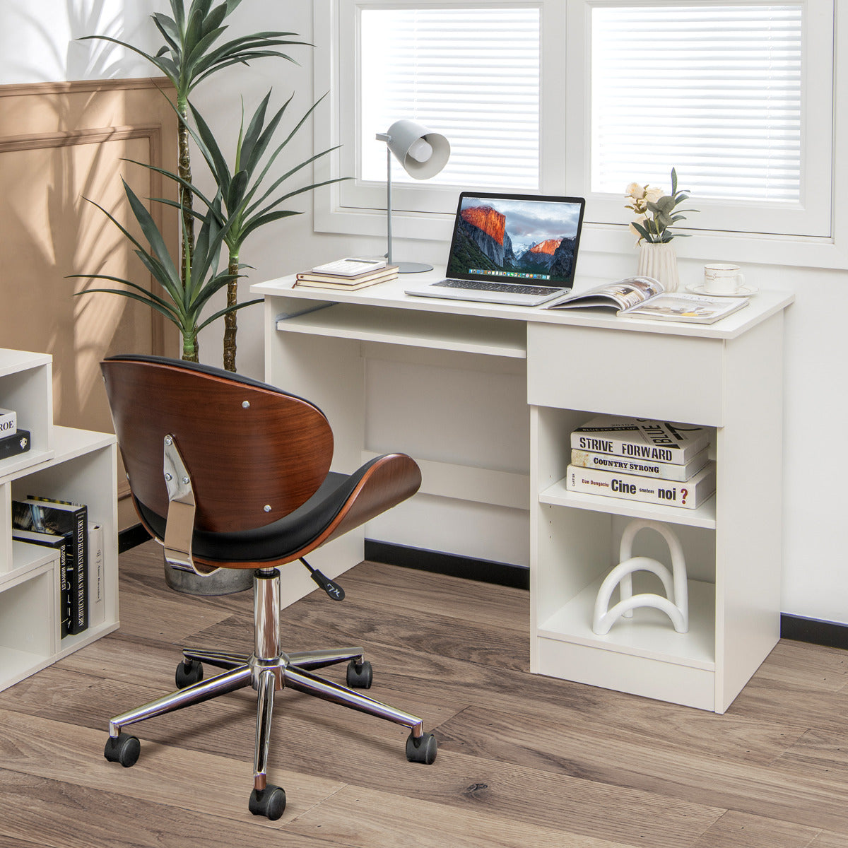 Mesa de Escritório com Gavetas, Secretária para Computador com Tabuleiro Extraível para Teclado e Estante Ajustável para Estudo Escritório 108 x 48 x 75 cm Branco