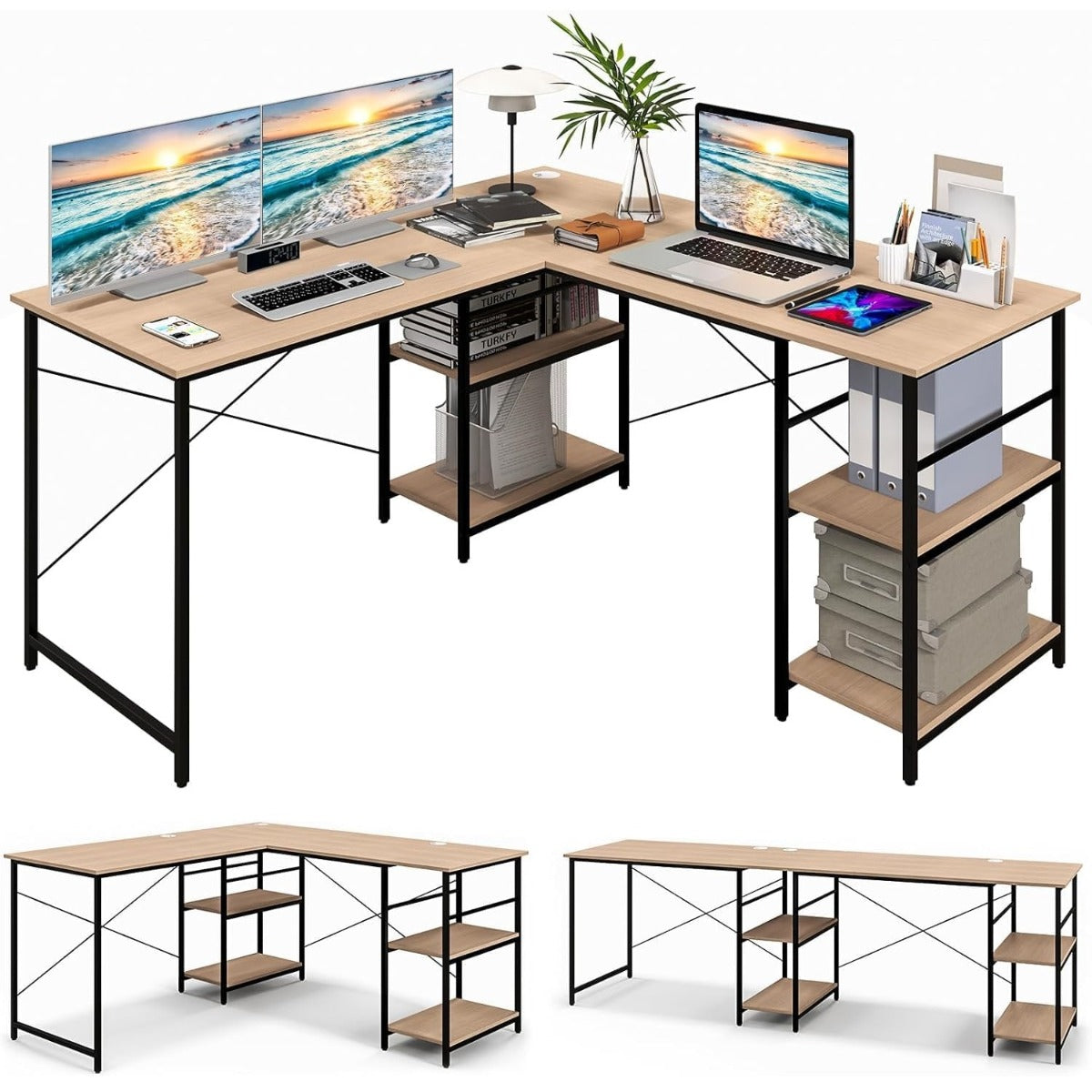 Escritório com Estantes de Armazenamento em Formato de L Escritório de Canto Industrial em Madeira 242×60×75cm Natural