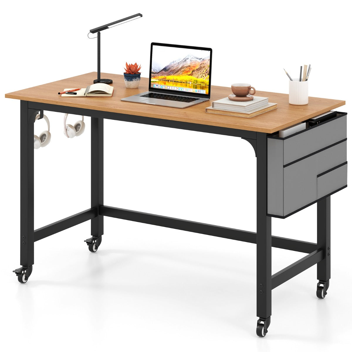 Mesa de Computador com Rodas Escritório Móvel com Bolsa e Ganchos para Auscultadores Compacta Estrutura de Metal Natural