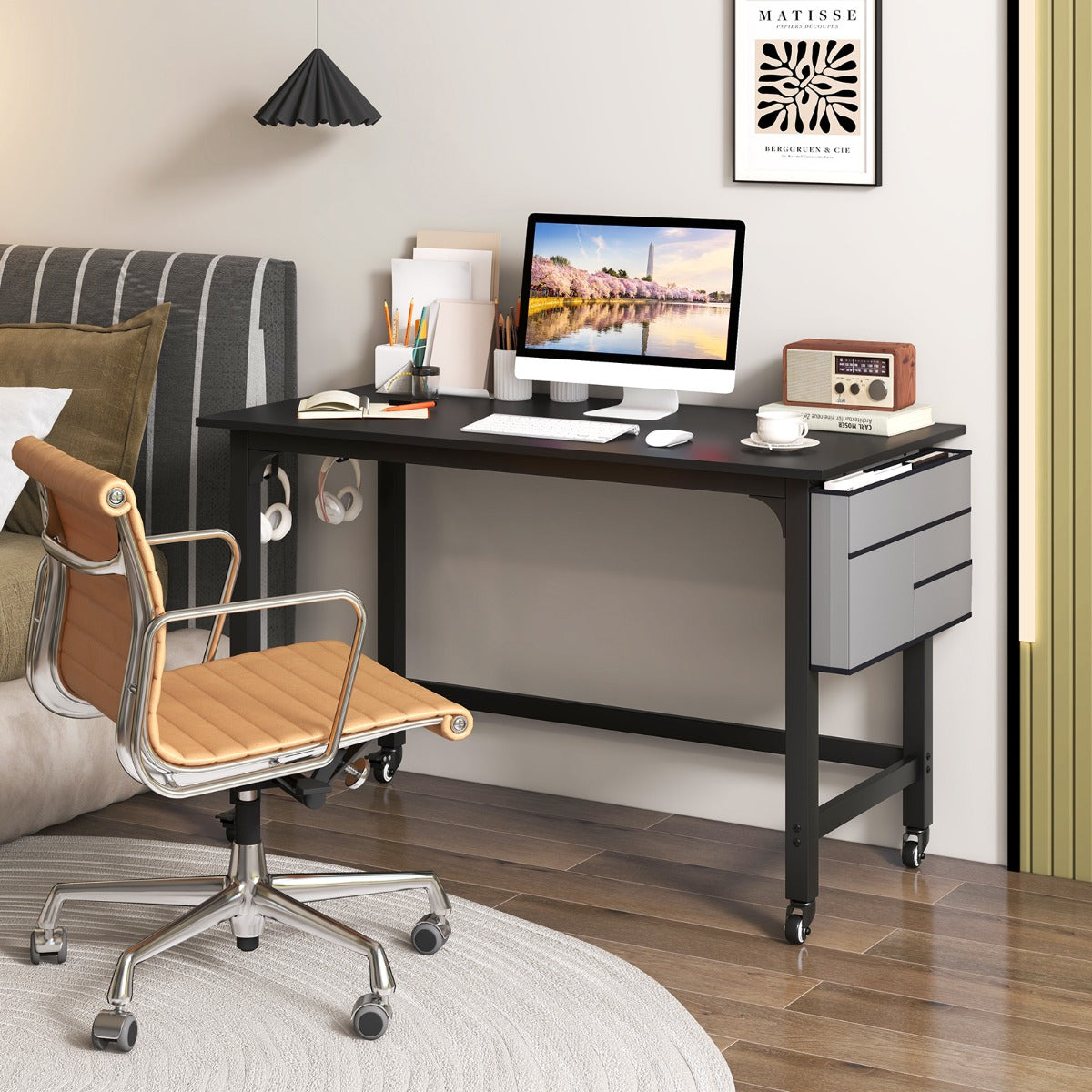 Mesa de Computador com Rodas para Escritório Móvel com Bolsa e Ganchos para Auscultadores Compacto Estrutura em Metal - Preto