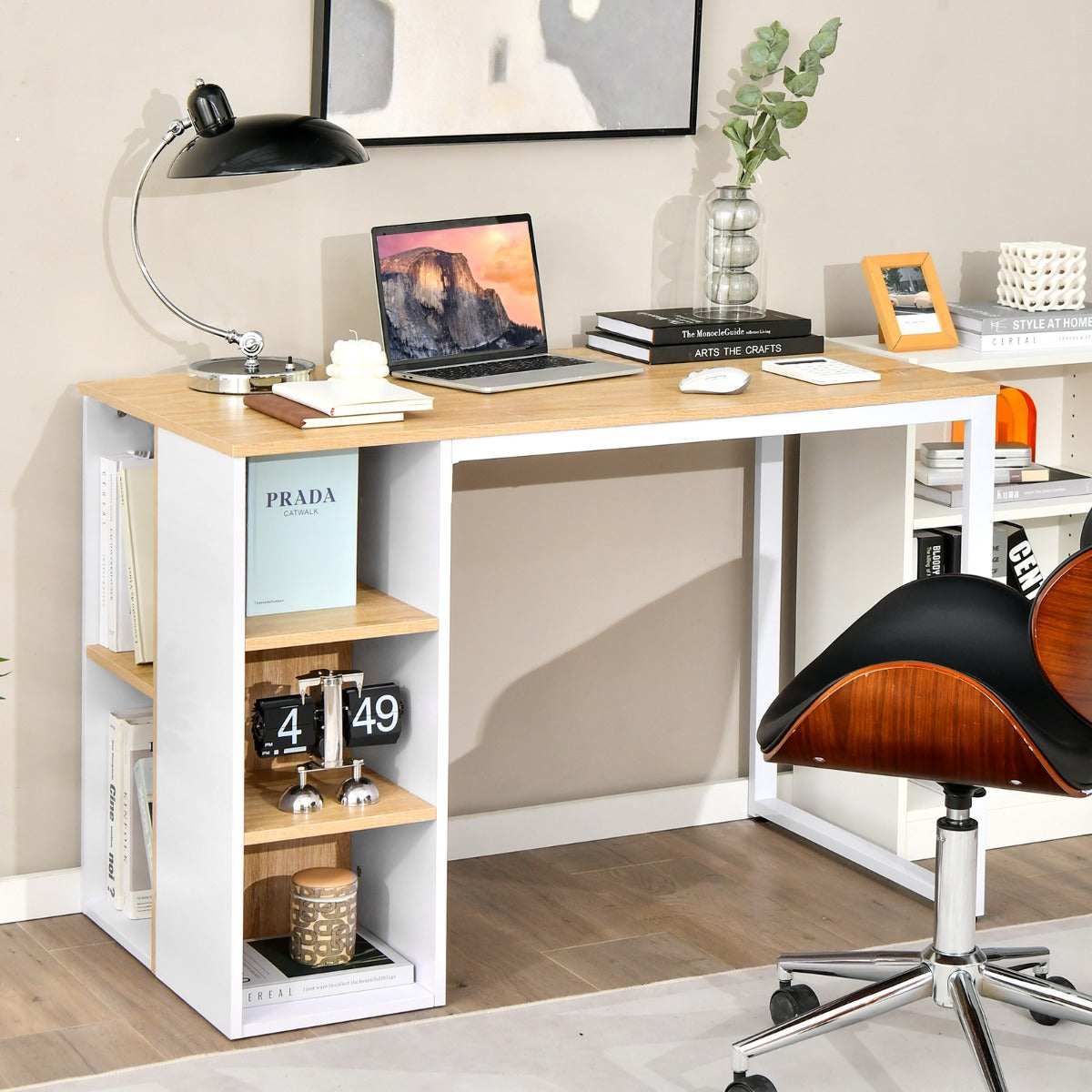 Mesa de Escritório com 5 Estantes em Metal, Poupa Espaço 115 x 59,5 x 75 cm Natural