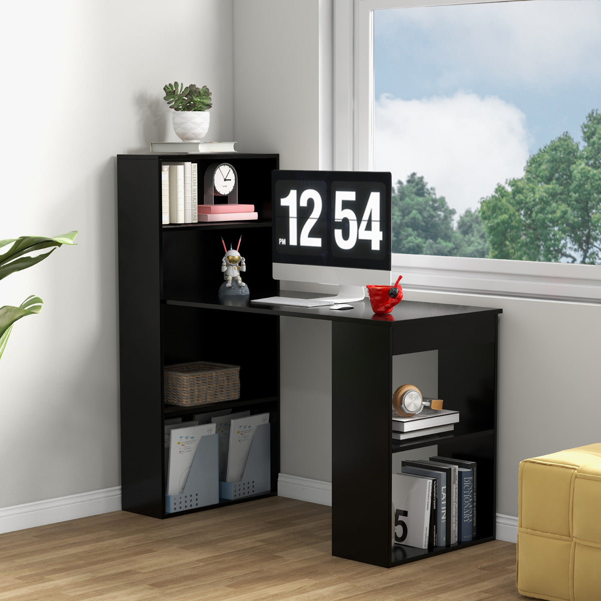 Escritório de Computador com Estante de Armazenamento Mesa Reversível para Estudo Escritório Quarto 122 x 51 x 122 cm Preto