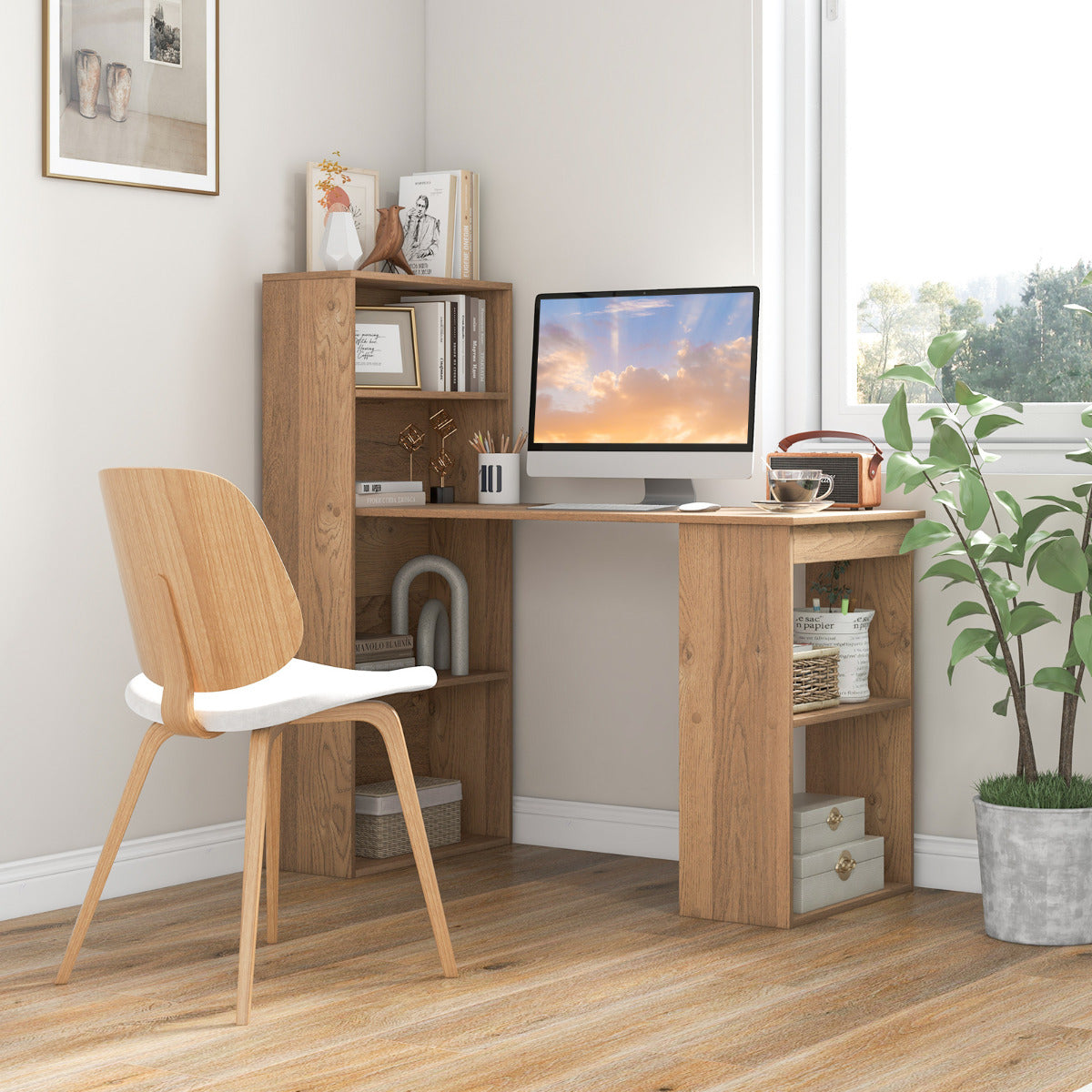 Escritório de Computador com Estante de Armazenamento Mesa Reversível para Estudo Escritório Quarto 122 x 51 x 122 cm Natural
