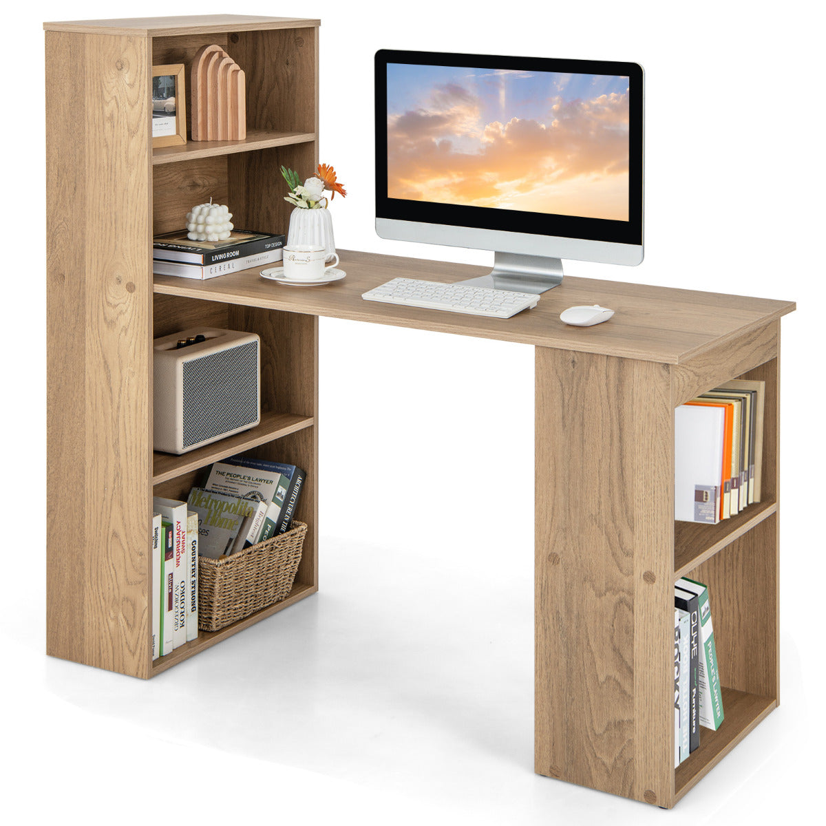 Escritório de Computador com Estante de Armazenamento Mesa Reversível para Estudo Escritório Quarto 122 x 51 x 122 cm Natural
