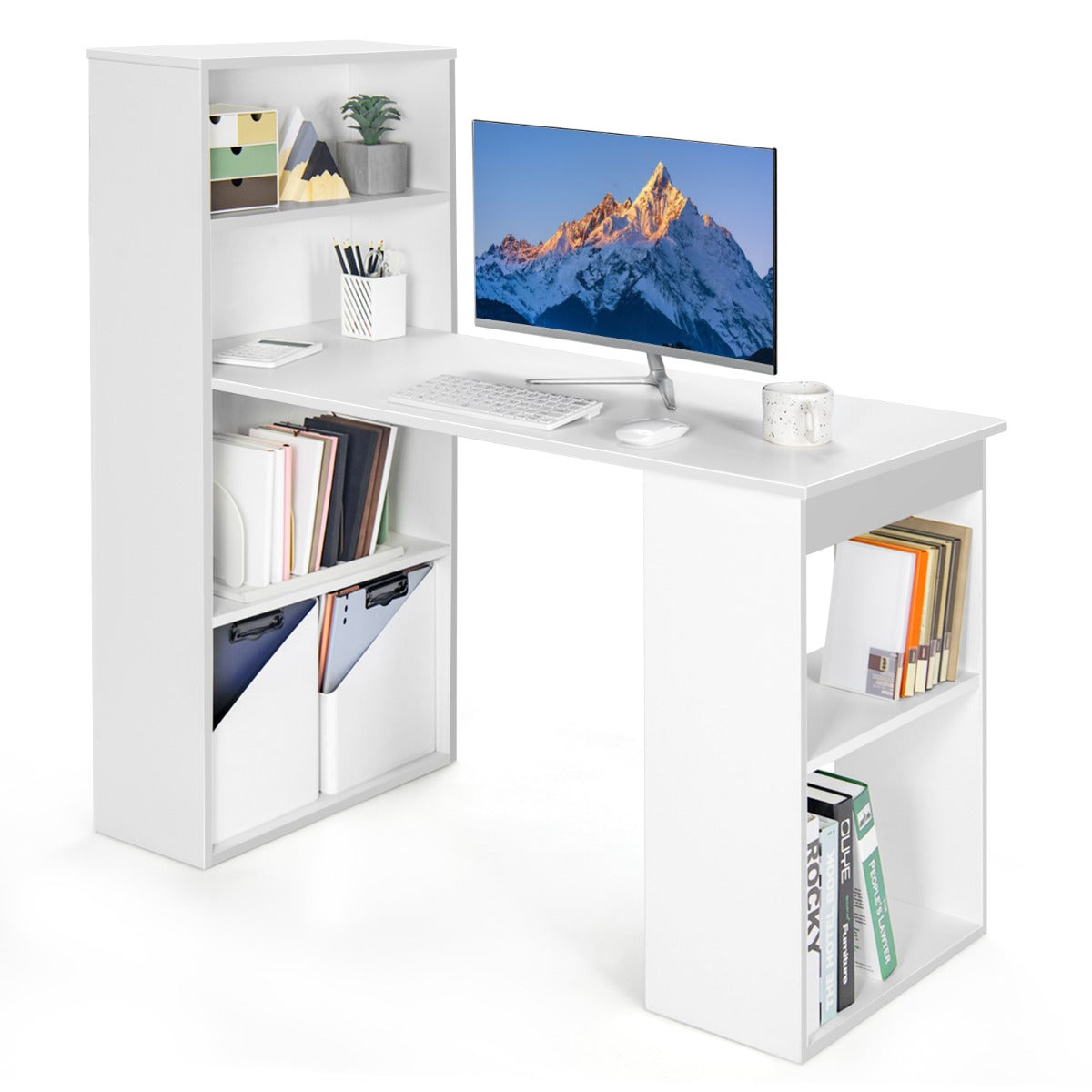 Escritório de Computador com Estante de Armazenamento Mesa Reversível para Estudo Escritório Quarto 122 x 51 x 122 cm Branco