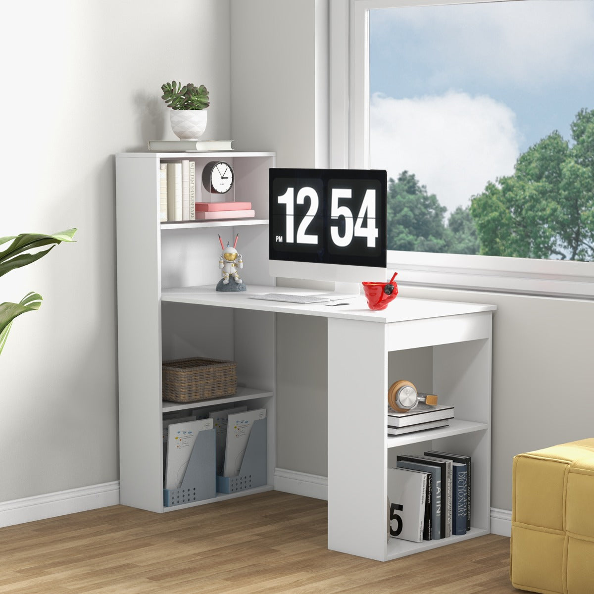 Escritório de Computador com Estante de Armazenamento Mesa Reversível para Estudo Escritório Quarto 122 x 51 x 122 cm Branco