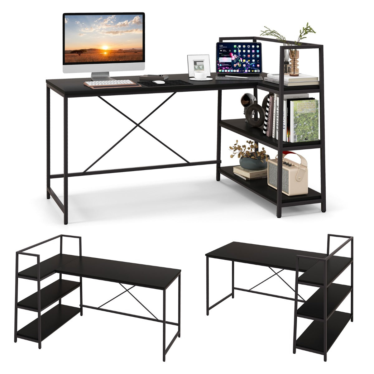 Escritório de Canto Reversível com Estantes Abertas para Home Office 148 x 100 x 90 cm - Preto