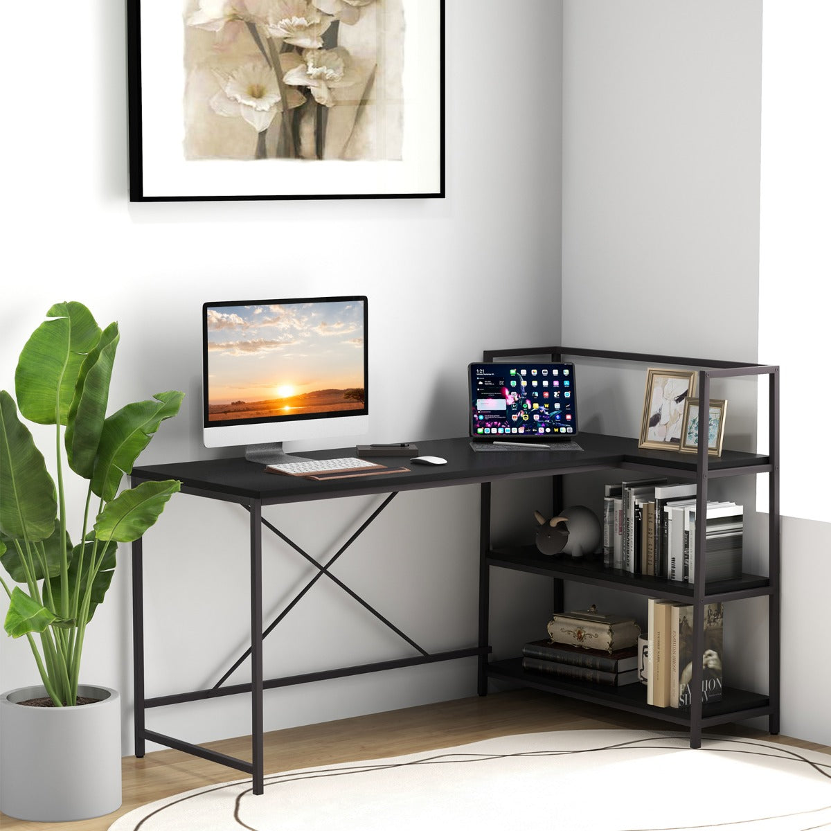 Escritório de Canto Reversível com Estantes Abertas para Home Office 148 x 100 x 90 cm - Preto