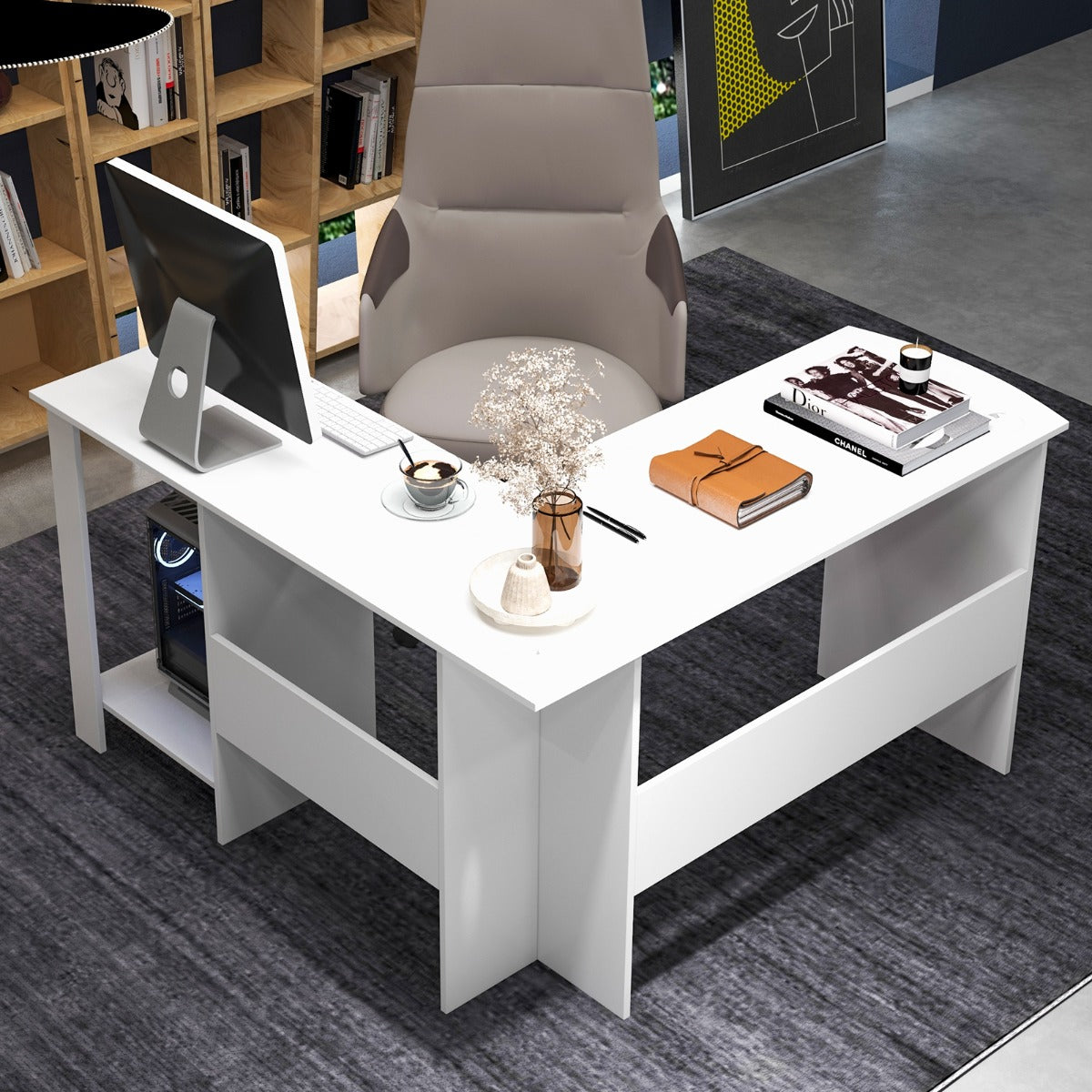 Escritório de Computador Grande em Forma de L com 2 Orifícios para Cabos e 2 Prateleiras 130 x 130 x 74 cm Branco