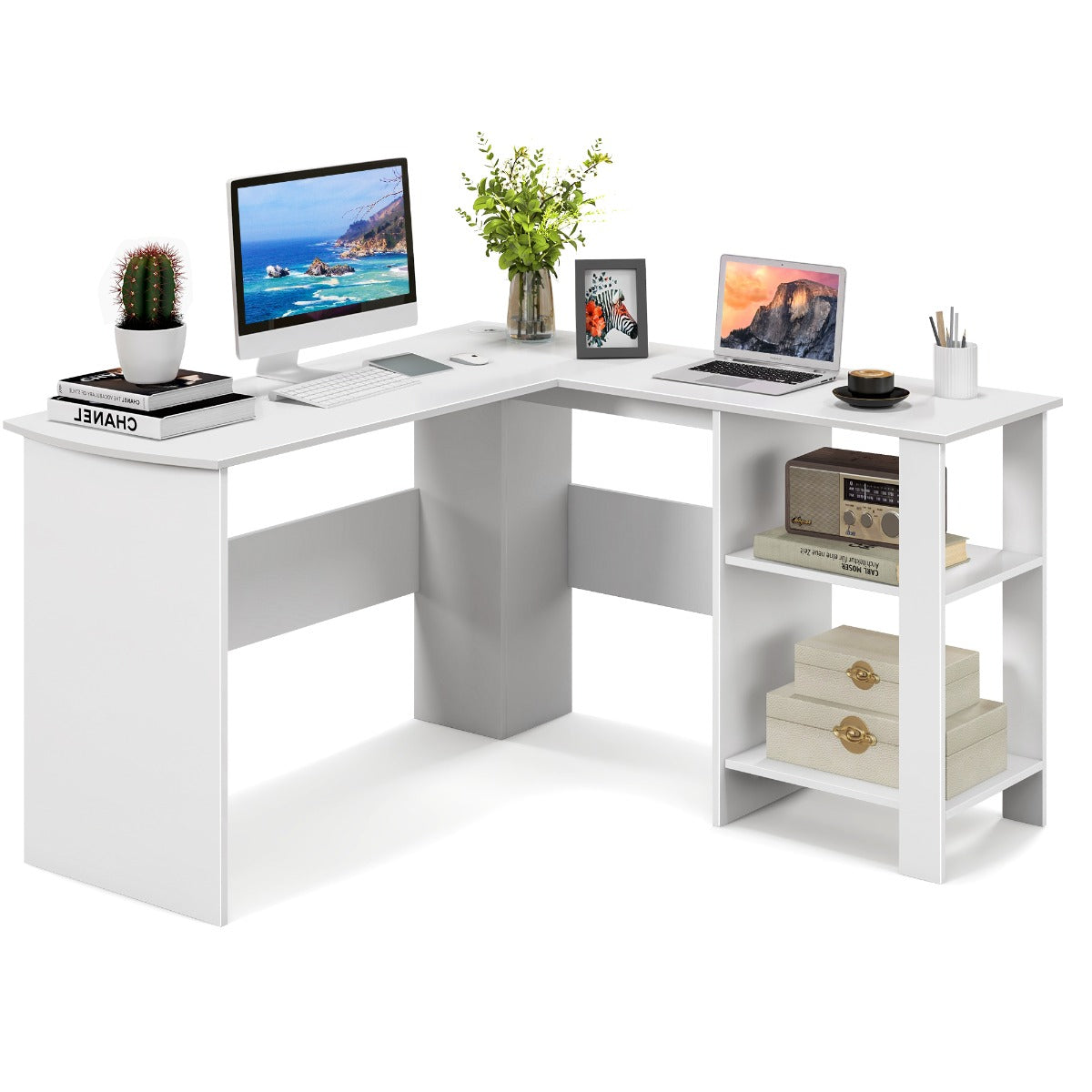 Escritório de Computador Grande em Forma de L com 2 Orifícios para Cabos e 2 Prateleiras 130 x 130 x 74 cm Branco