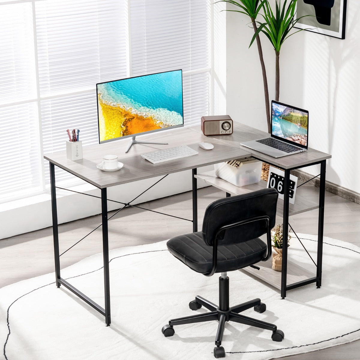 Escritório Reversível em Forma de L com Estantes de Armazenamento para Escritório em Casa 120 x 88 x 74,5 cm Cinza