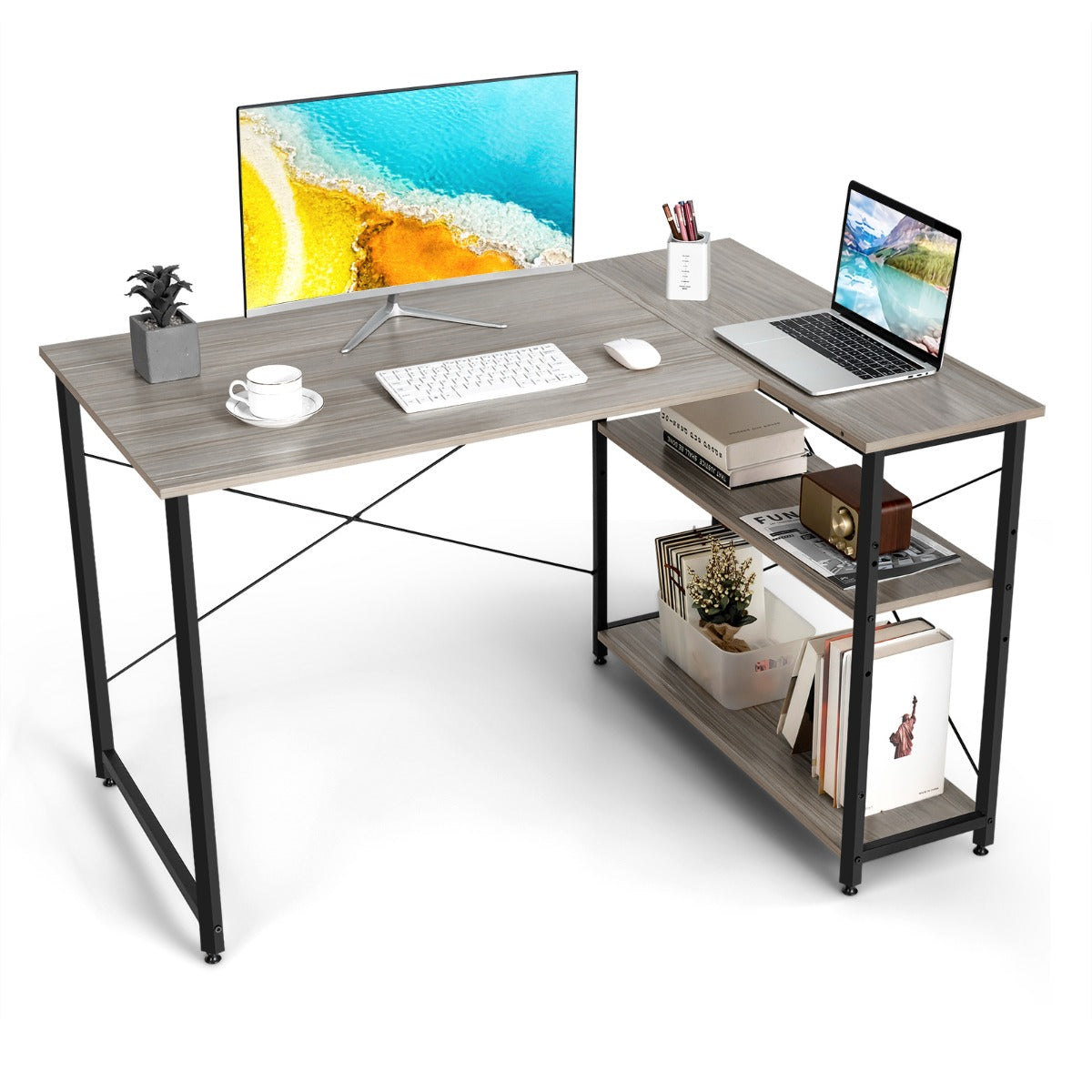 Escritório Reversível em Forma de L com Estantes de Armazenamento para Escritório em Casa 120 x 88 x 74,5 cm Cinza