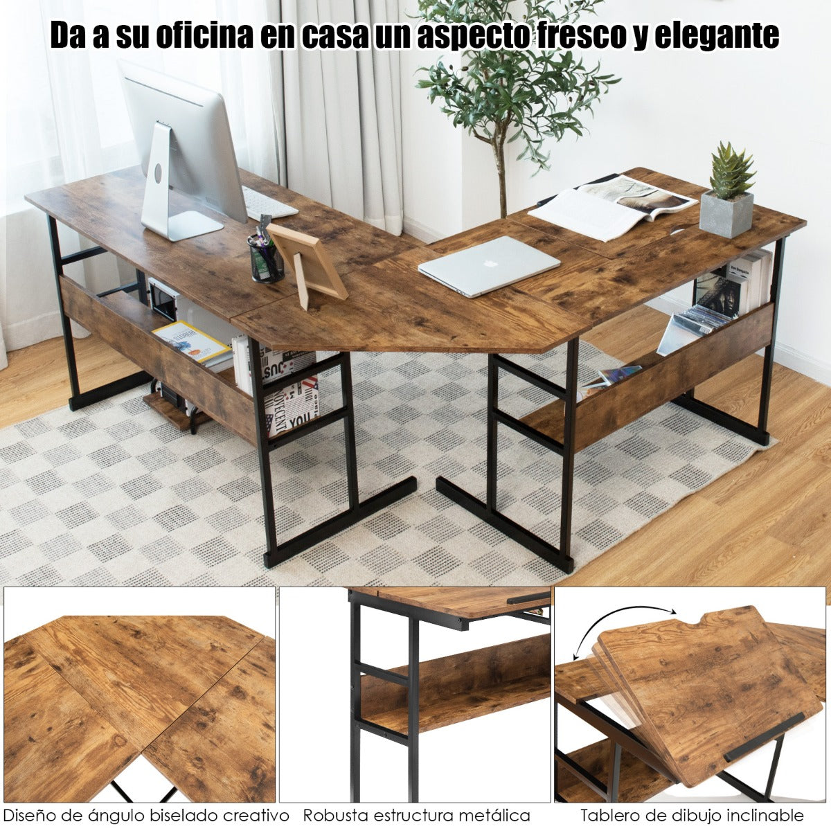 Escritório de Canto Moderno em Forma de L com Mesa de Desenho Inclinável e Estante Inferior em Estrutura de Metal - Castanho Escuro