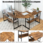 Escritório de Canto Moderno em Forma de L com Mesa de Desenho Inclinável e Estante Inferior em Estrutura de Metal - Castanho Escuro