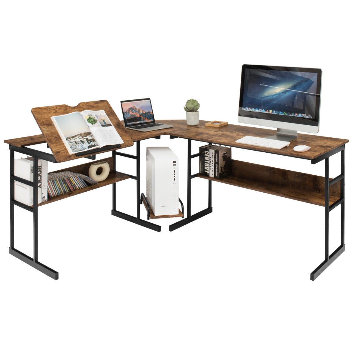 Escritório de Canto Moderno em Forma de L com Mesa de Desenho Inclinável e Estante Inferior em Estrutura de Metal - Castanho Escuro