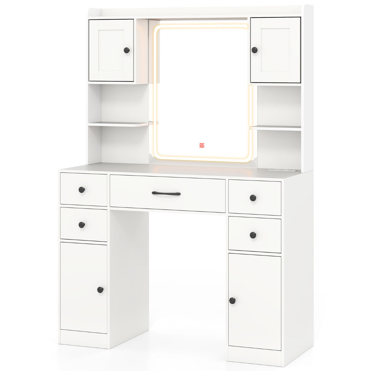Mesa de Maquilhagem com Espelho Iluminado Tocador com Estação de Carregamento Luzes LED Ajustáveis Prateleiras Gavetas Armários Branco