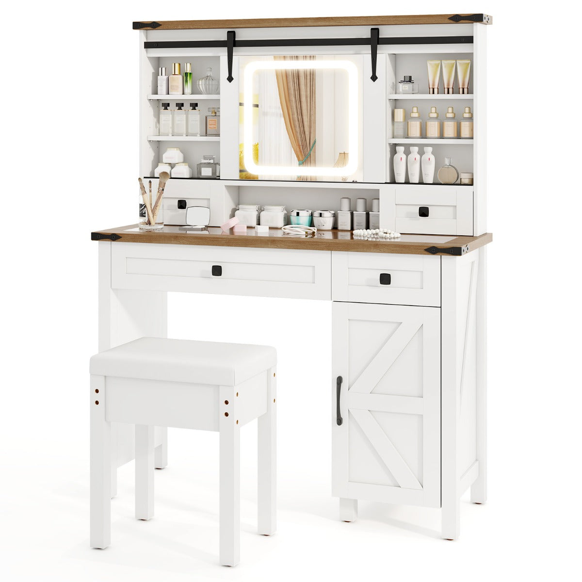 Mesa de Maquilhagem com Espelho e Luzes Gavetas e Prateleiras de Arrumação Ajustáveis 107 x 40 x 138 cm Branco