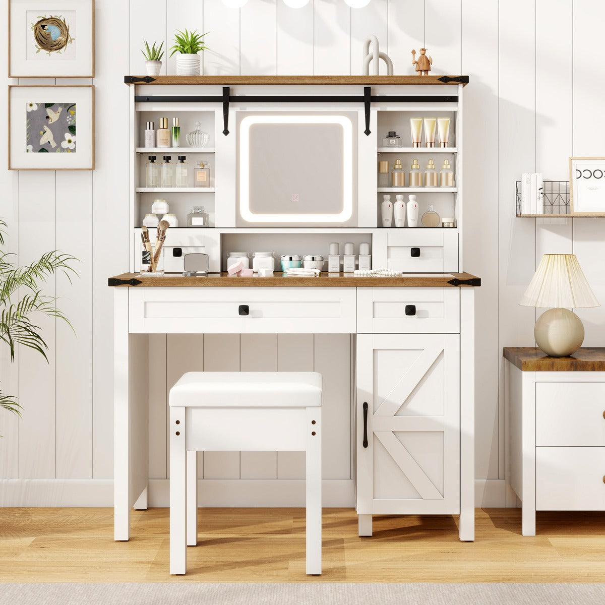 Mesa de Maquilhagem com Espelho e Luzes Gavetas e Prateleiras de Arrumação Ajustáveis 107 x 40 x 138 cm Branco