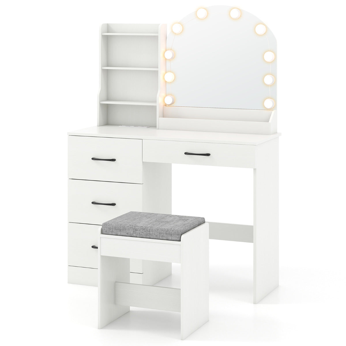 Conjunto de Maquilhagem com Espelho e Luzes, Mesa de Tocador e Banqueta com Estação de Carregamento, Luzes LED, 4 Gavetas e Prateleiras Branco