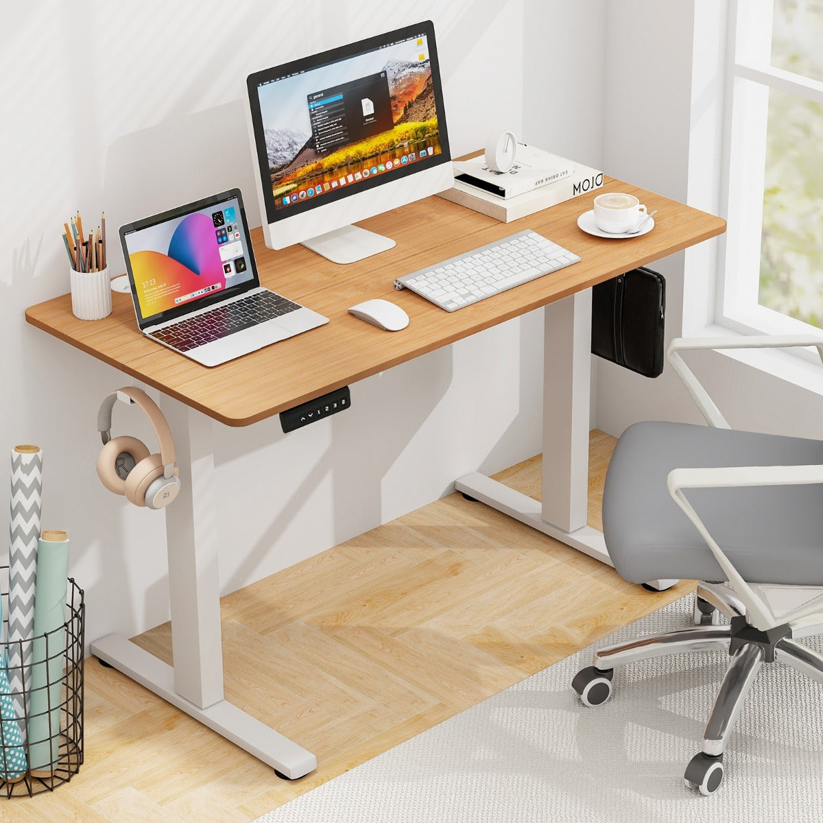 Mesa de Escritório Elétrica com Altura Ajustável e 4 Memórias 2 Ganchos 120 x 60 x 73-122 cm Natural