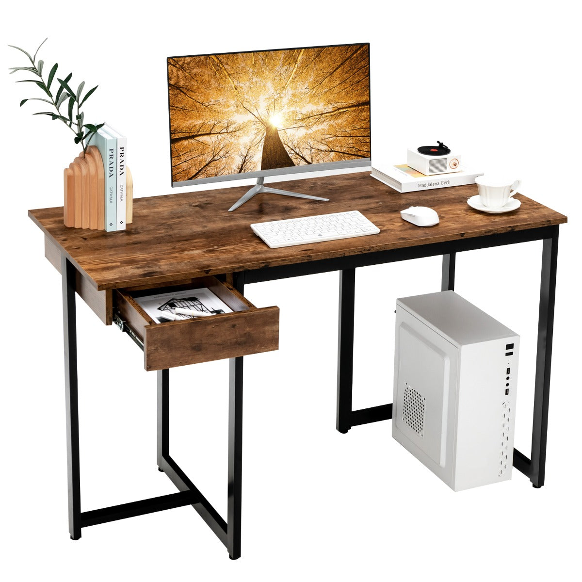 Mesa de Escritório com Estrutura de Metal e Pés Ajustáveis para Estudo Moderno 120 x 55 x 75 cm - Castanho