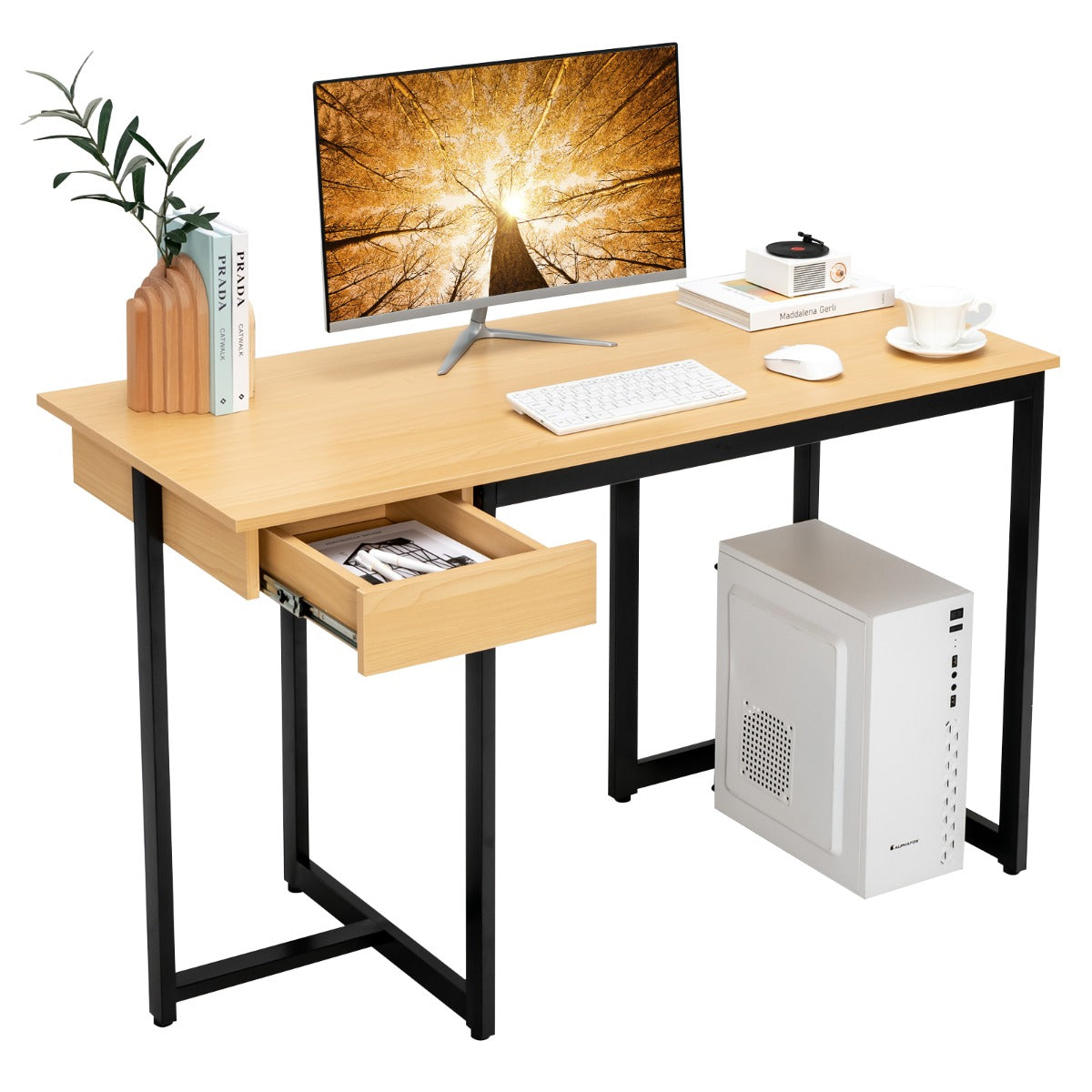 Mesa de Trabalho de Escritório com Estrutura de Metal Pés Ajustáveis 120 x 55 x 75 cm - Natural