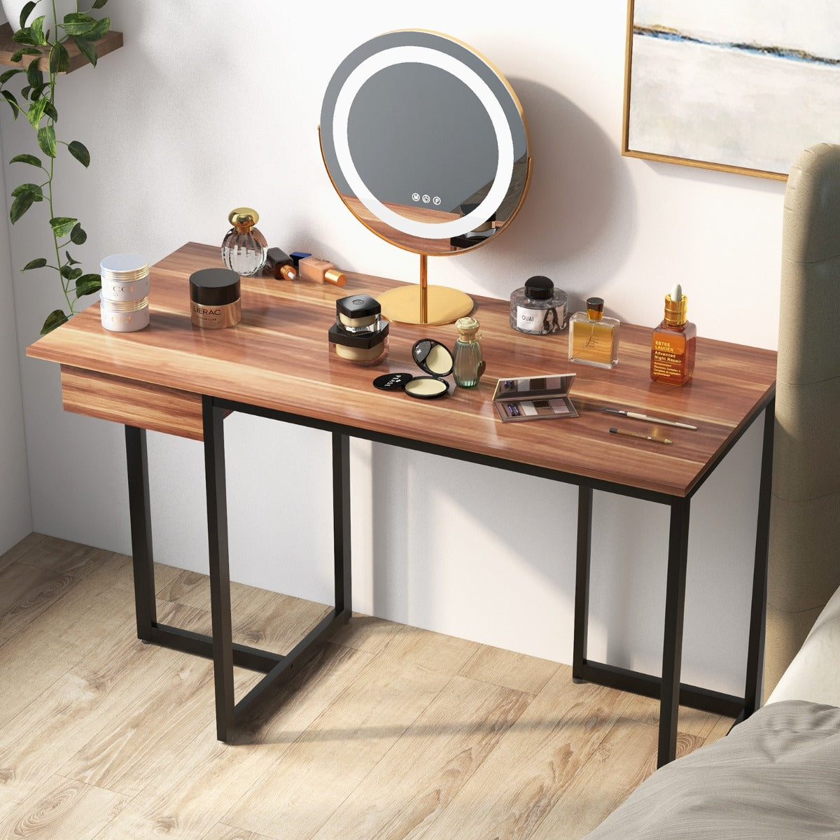 Mesa de Trabalho de Escritório com Estrutura de Metal Pés Ajustáveis Estilo Moderno para Estudo 120 x 55 x 75 cm - Nogueira