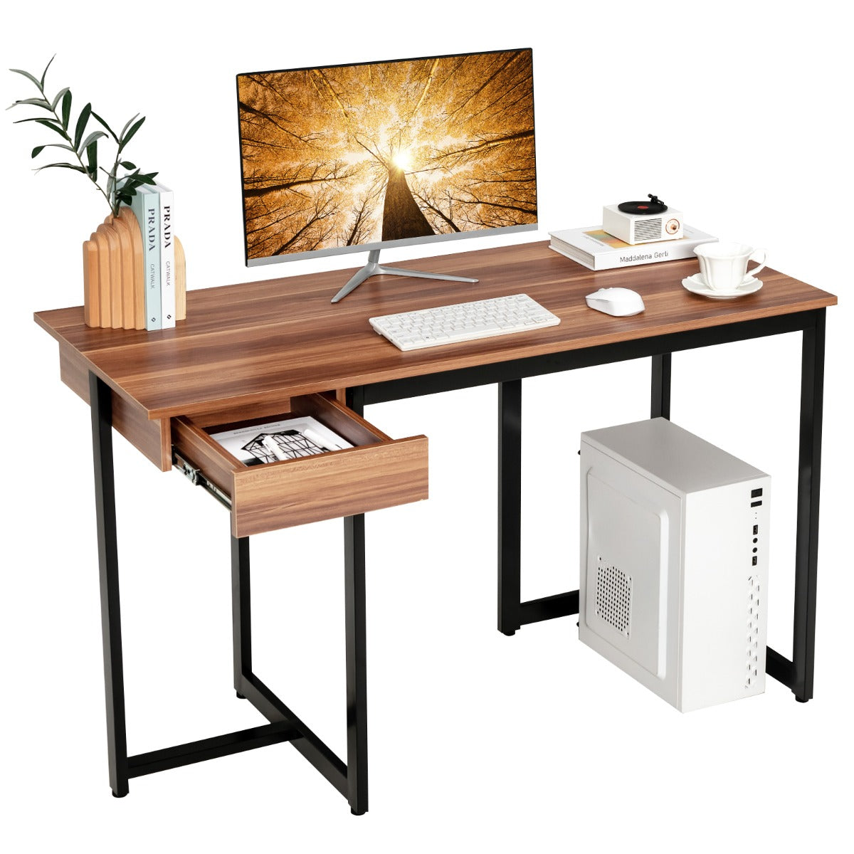 Mesa de Trabalho de Escritório com Estrutura de Metal Pés Ajustáveis Estilo Moderno para Estudo 120 x 55 x 75 cm - Nogueira