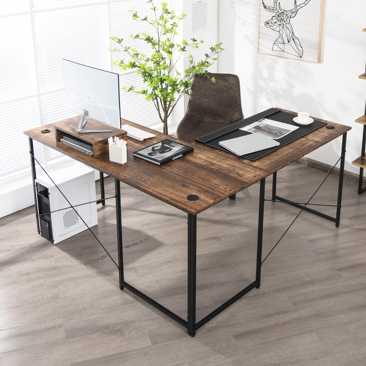 Escritório de Computador em Forma de L Mesa de Canto Reversível com Orifícios para Cabos para Casa e Escritório 150 x 150 x 74 cm Marrom
