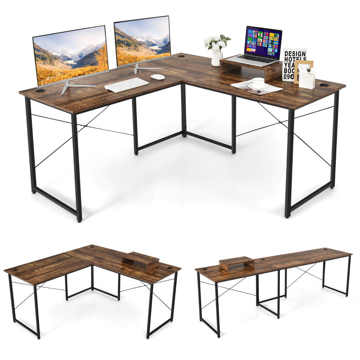 Escritório de Computador em Forma de L Mesa de Canto Reversível com Orifícios para Cabos para Casa e Escritório 150 x 150 x 74 cm Marrom
