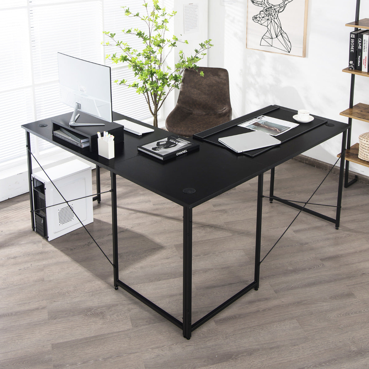 Escritório de Computador em Forma de L Mesa de Canto Reversível com Orifícios para Cabos para Casa e Escritório 150 x 150 x 74 cm Preto