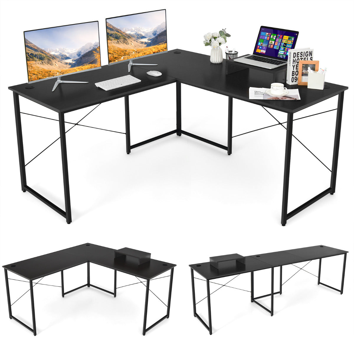 Escritório de Computador em Forma de L Mesa de Canto Reversível com Orifícios para Cabos para Casa e Escritório 150 x 150 x 74 cm Preto