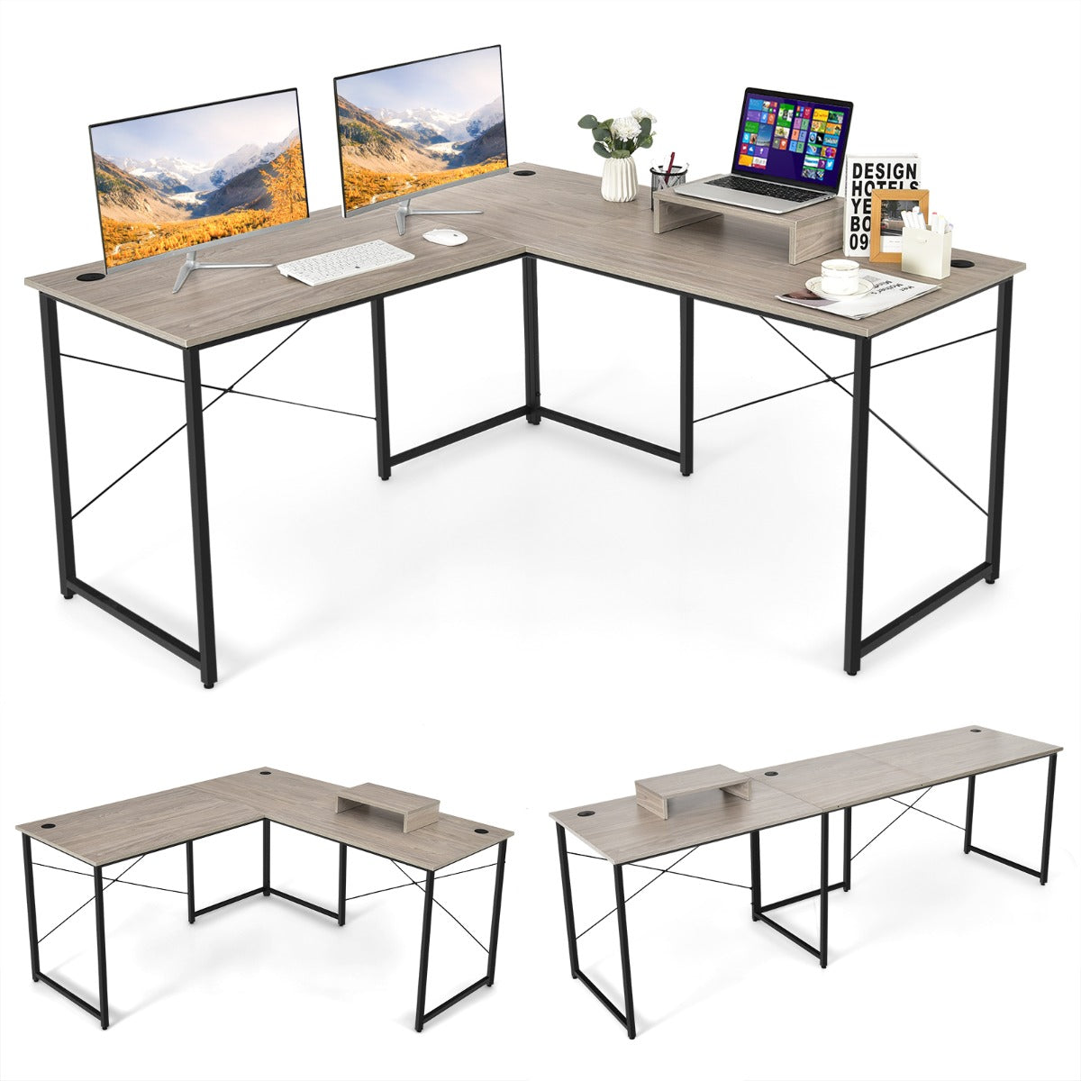 Escritório de Computador em Forma de L Mesa de Canto Reversível com Orifícios para Cabos para Casa e Escritório 150 x 150 x 74 cm Cinzento