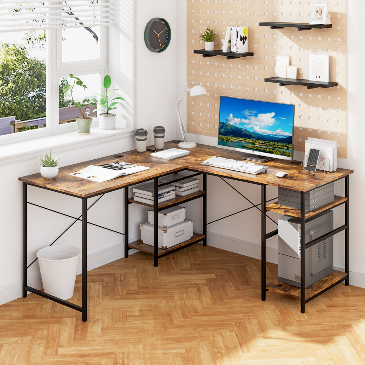 Escritório de Computador em Forma de L de Canto Conversível 2 Formas 4 Prateleiras Mesa de Trabalho para 2 Pessoas 151 x 151 x 75 cm Castanho