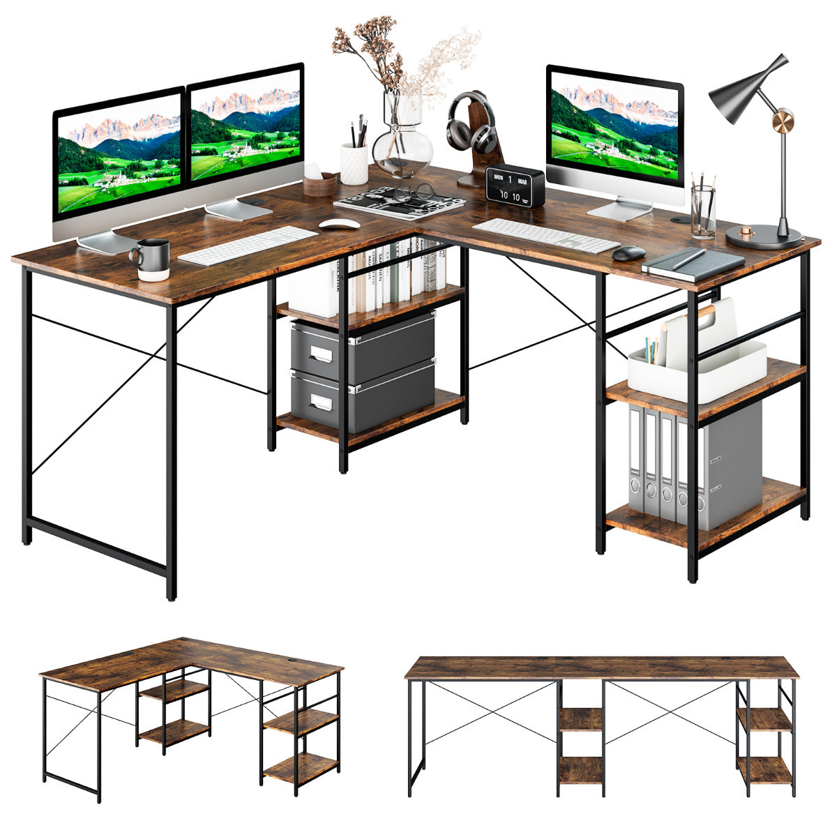 Escritório de Computador em Forma de L de Canto Conversível 2 Formas 4 Prateleiras Mesa de Trabalho para 2 Pessoas 151 x 151 x 75 cm Castanho