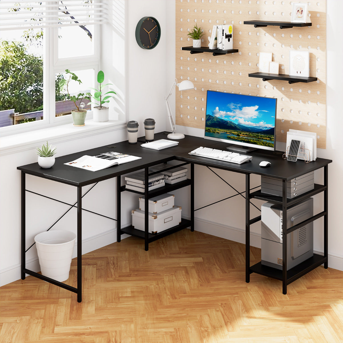 Escritório de Computador em Forma de L para Canto Convertível 2 Formas 4 Estantes Mesa de Trabalho para 2 Pessoas 151 x 151 x 75 cm Preto