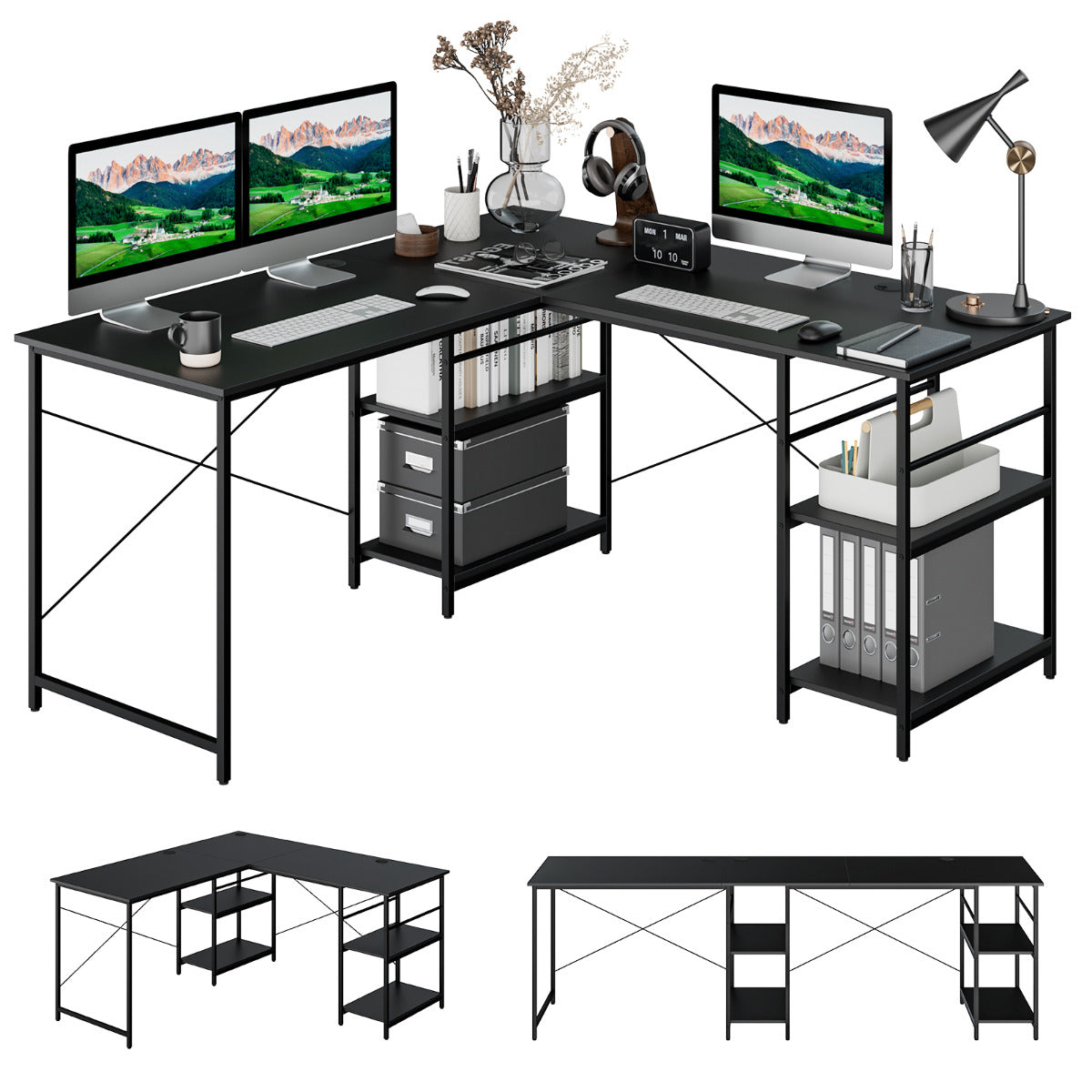 Escritório de Computador em Forma de L para Canto Convertível 2 Formas 4 Estantes Mesa de Trabalho para 2 Pessoas 151 x 151 x 75 cm Preto