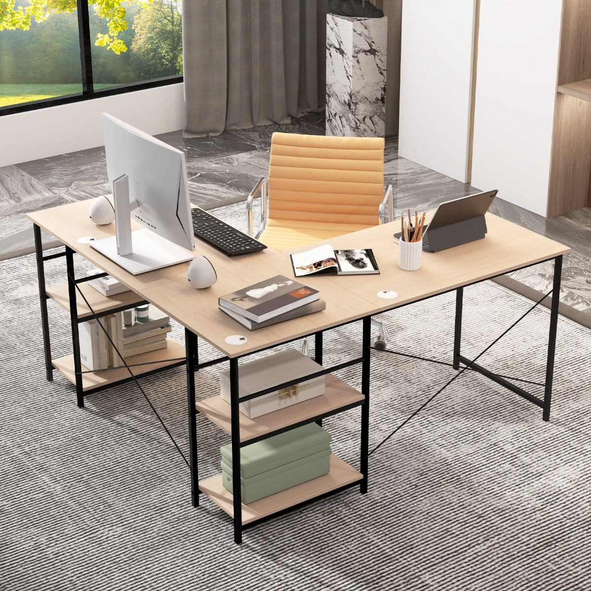 Mesa de Computador em Forma de L de Canto Conversível 2 Formas 4 Prateleiras Mesa de Trabalho para 2 Pessoas 151 x 151 x 75 cm Natural