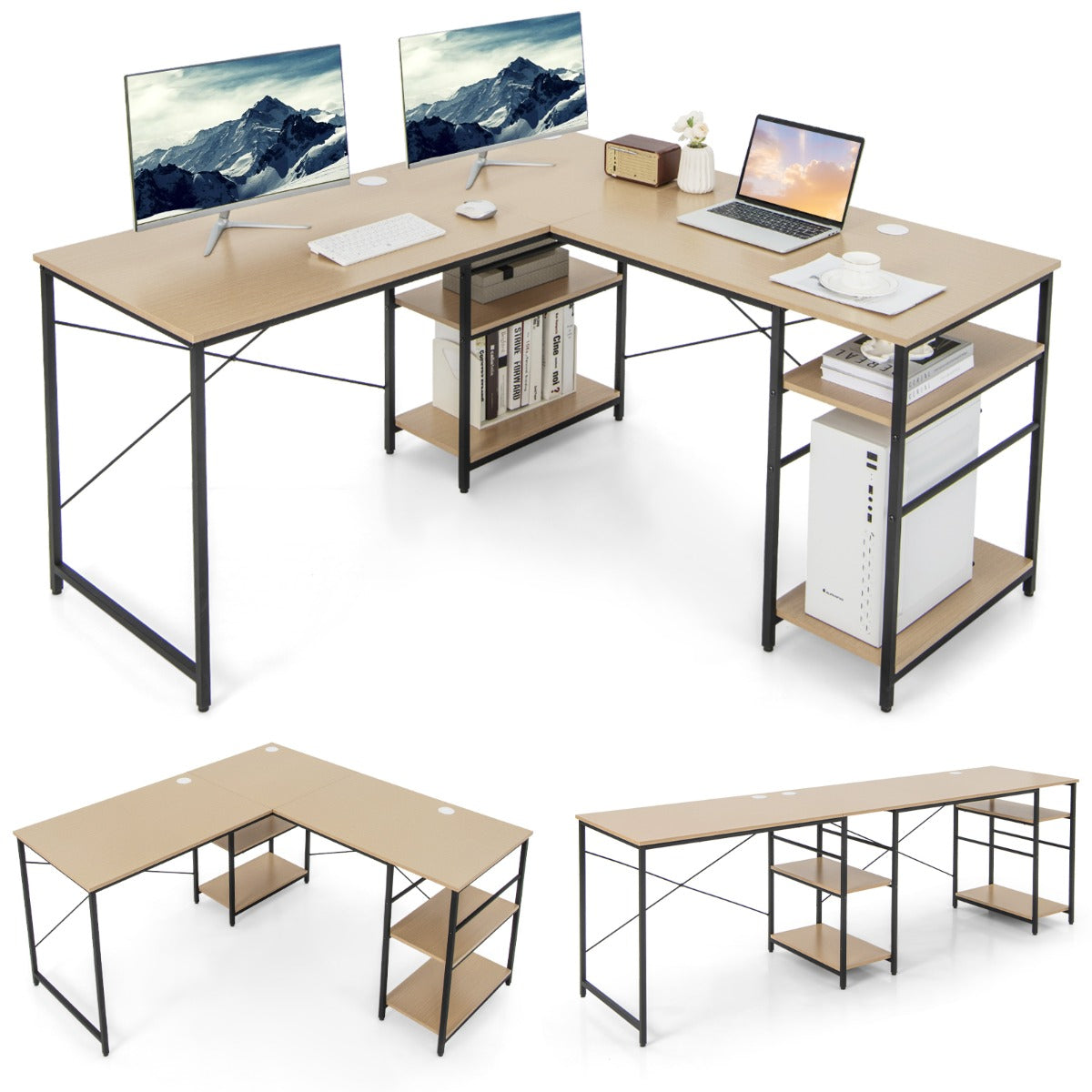 Mesa de Computador em Forma de L de Canto Conversível 2 Formas 4 Prateleiras Mesa de Trabalho para 2 Pessoas 151 x 151 x 75 cm Natural