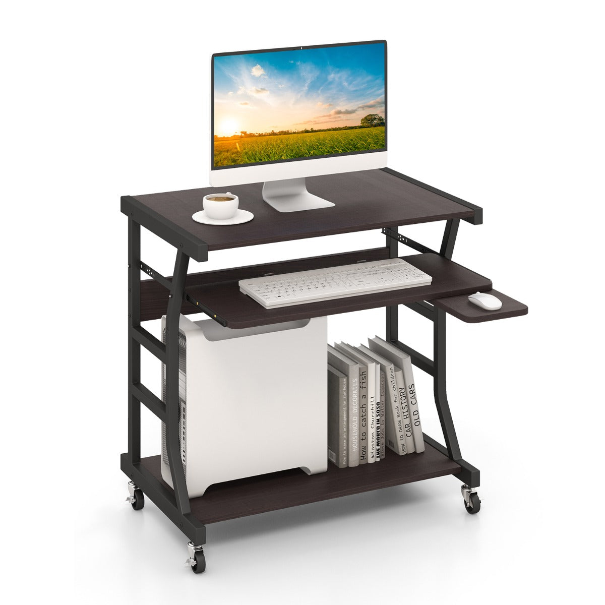 Escritório Móvel com Rodas para Computador com Tabuleiro Retrátil e Prateleira Inferior de Armazenamento 75 x 50 x 75 cm Castanho Escuro