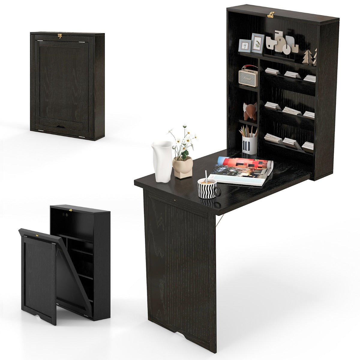 Escritório de Parede Dobrável Convertível com Separador de 3 Níveis Estantes Ajustáveis Poupa Espaço para Sala de Jantar 60 x 94,5 x 151 cm Preto