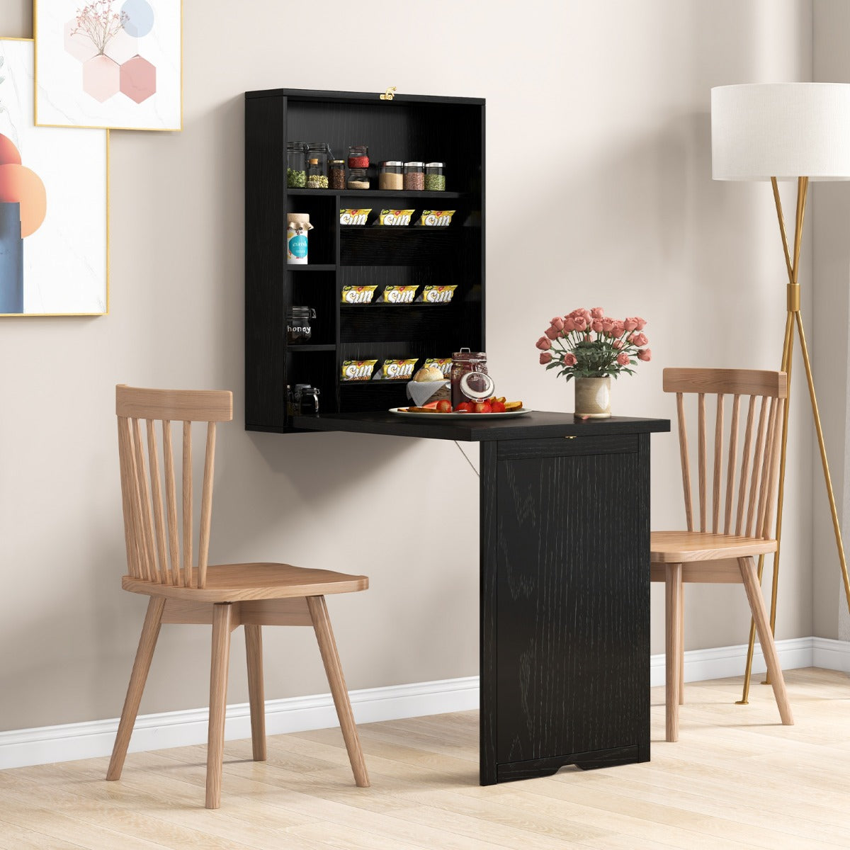 Escritório de Parede Dobrável Convertível com Separador de 3 Níveis Estantes Ajustáveis Poupa Espaço para Sala de Jantar 60 x 94,5 x 151 cm Preto
