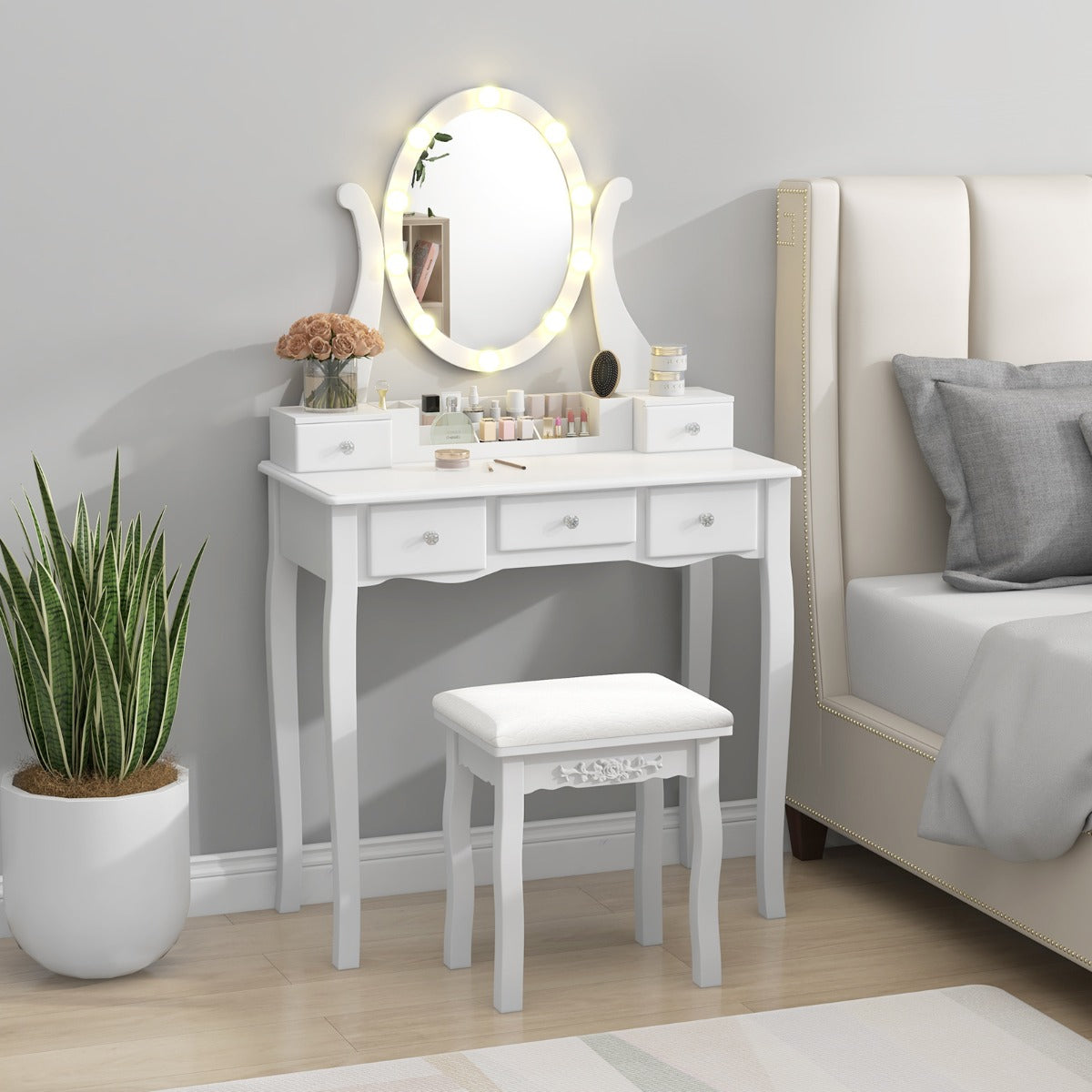 Conjunto de Tocador e Banqueta com Espelho Iluminado Mesa de Maquilhagem com 10 Lâmpadas LED 3 Modos de Cor Brilho Ajustável 5 Gavetas Branco