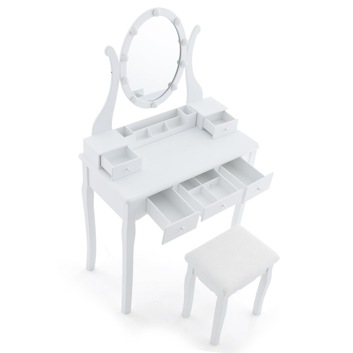 Conjunto de Tocador e Banqueta com Espelho Iluminado Mesa de Maquilhagem com 10 Lâmpadas LED 3 Modos de Cor Brilho Ajustável 5 Gavetas Branco