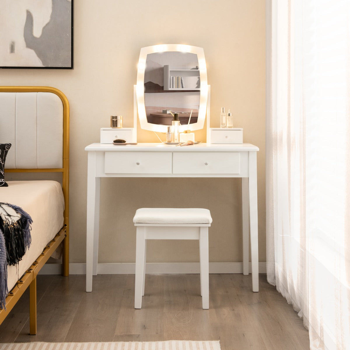 Conjunto de Mesa de Tocador com Espelho Iluminado e Banco Acolchoado com Luzes LED Reguláveis 4 Gavetas Escrivaninha para Quarto Branco