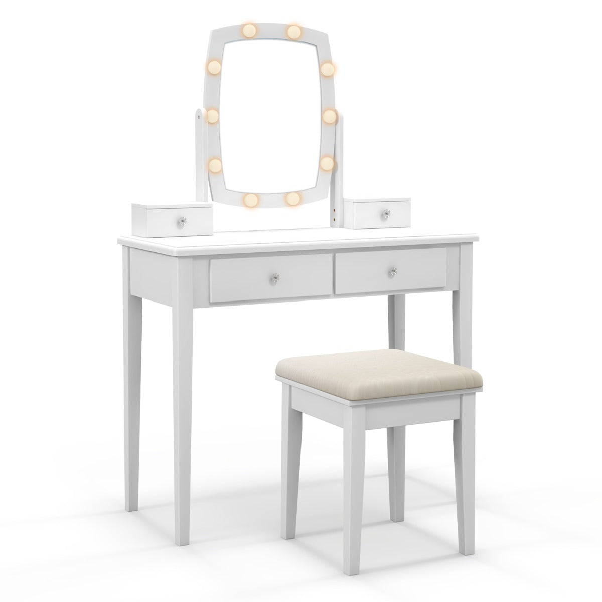Conjunto de Mesa de Tocador com Espelho Iluminado e Banco Acolchoado com Luzes LED Reguláveis 4 Gavetas Escrivaninha para Quarto Branco
